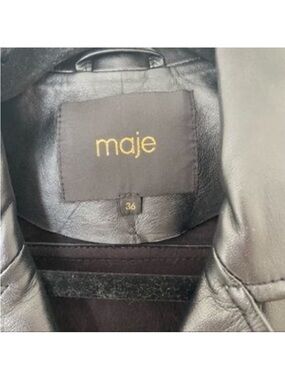 Maje Black Leather Jacket with Blue Floral Embroidery